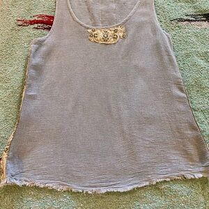 Elegant Gray Linen Sleeveless Top with Embellished Detail